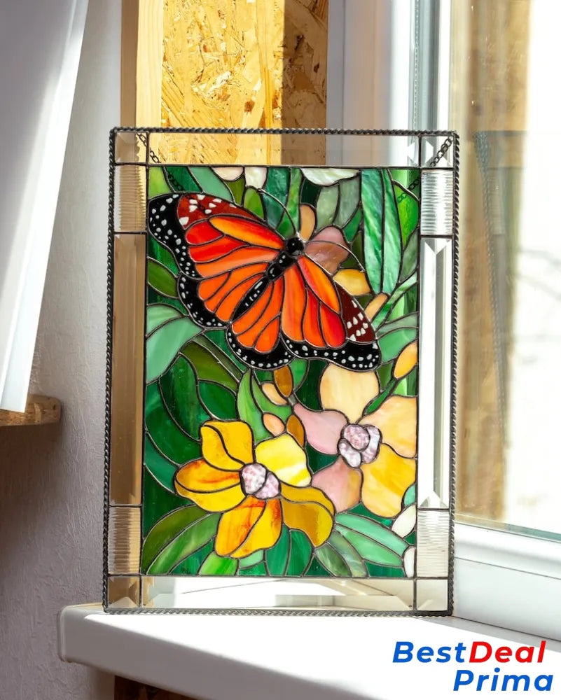 Cardinal Stained Window Panel Monarch Butterfly