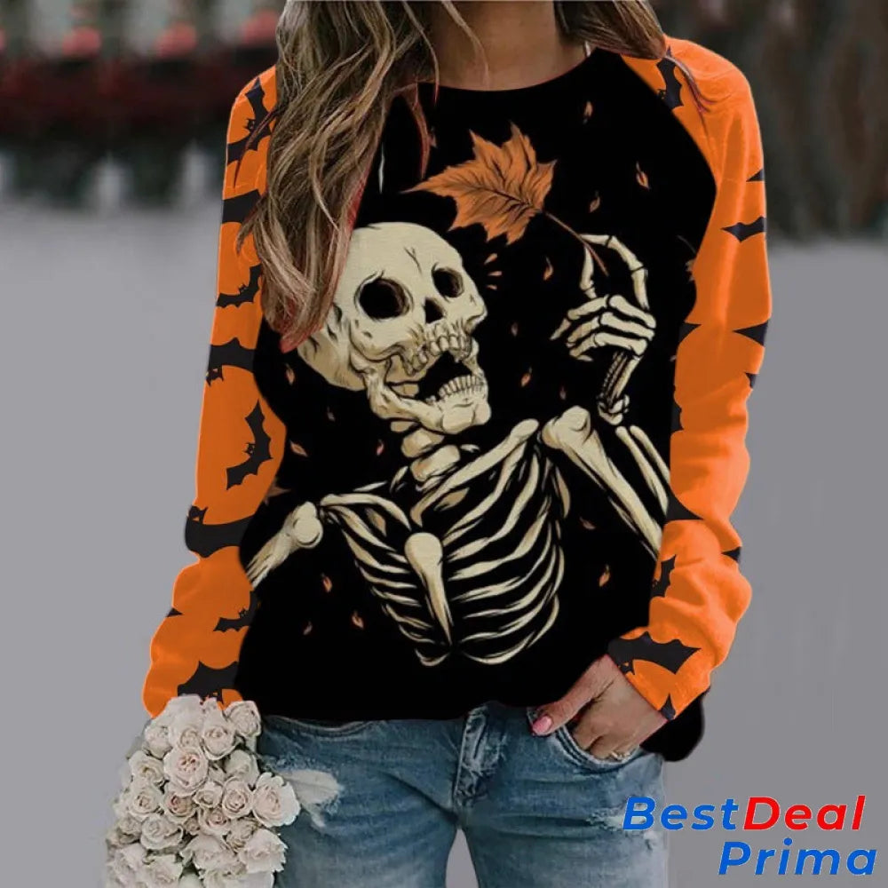 Halloween Cartoon Print Sweatshirt Long Sleeve Pullover Tops Women Style1 / S