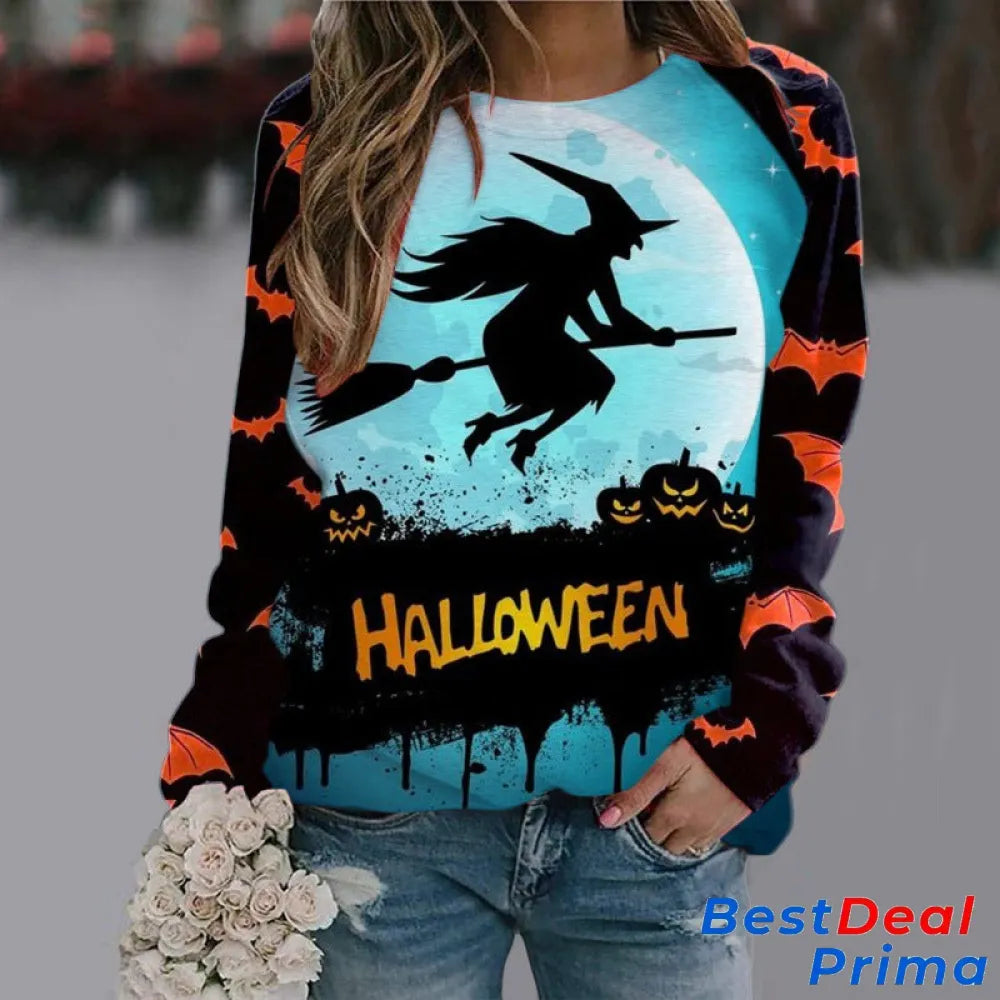 Halloween Cartoon Print Sweatshirt Long Sleeve Pullover Tops Women Style2 / S