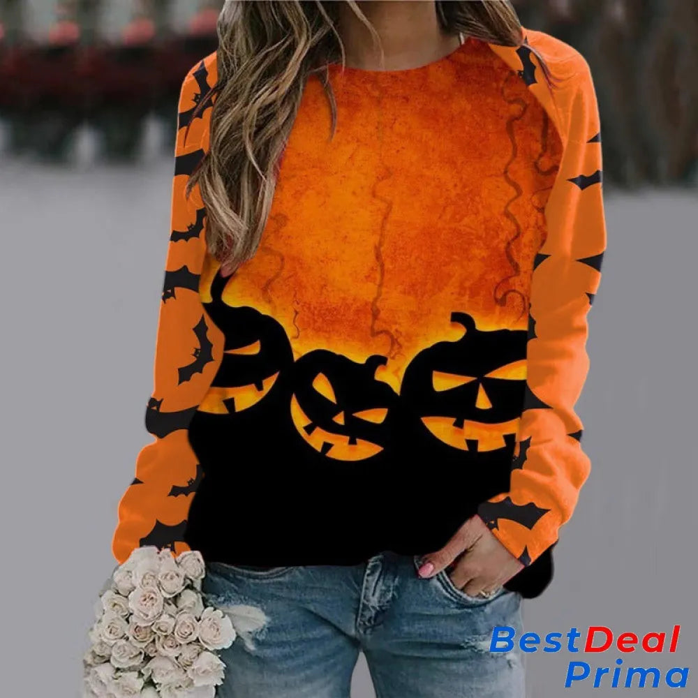 Halloween Cartoon Print Sweatshirt Long Sleeve Pullover Tops Women Style6 / S