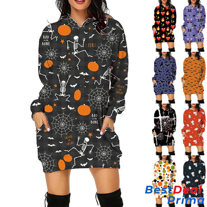 Halloween Print Long Hoodie With Pockets Sweater Sleeve Clothes Women