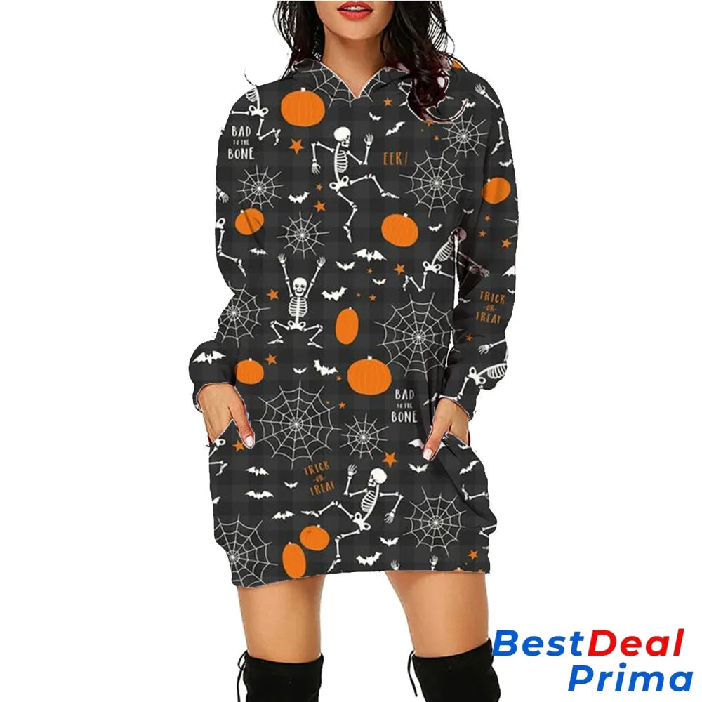 Halloween Print Long Hoodie With Pockets Sweater Sleeve Clothes Women Sc10 / S