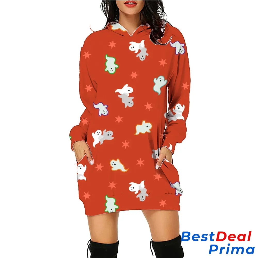 Halloween Print Long Hoodie With Pockets Sweater Sleeve Clothes Women Sc11 / S