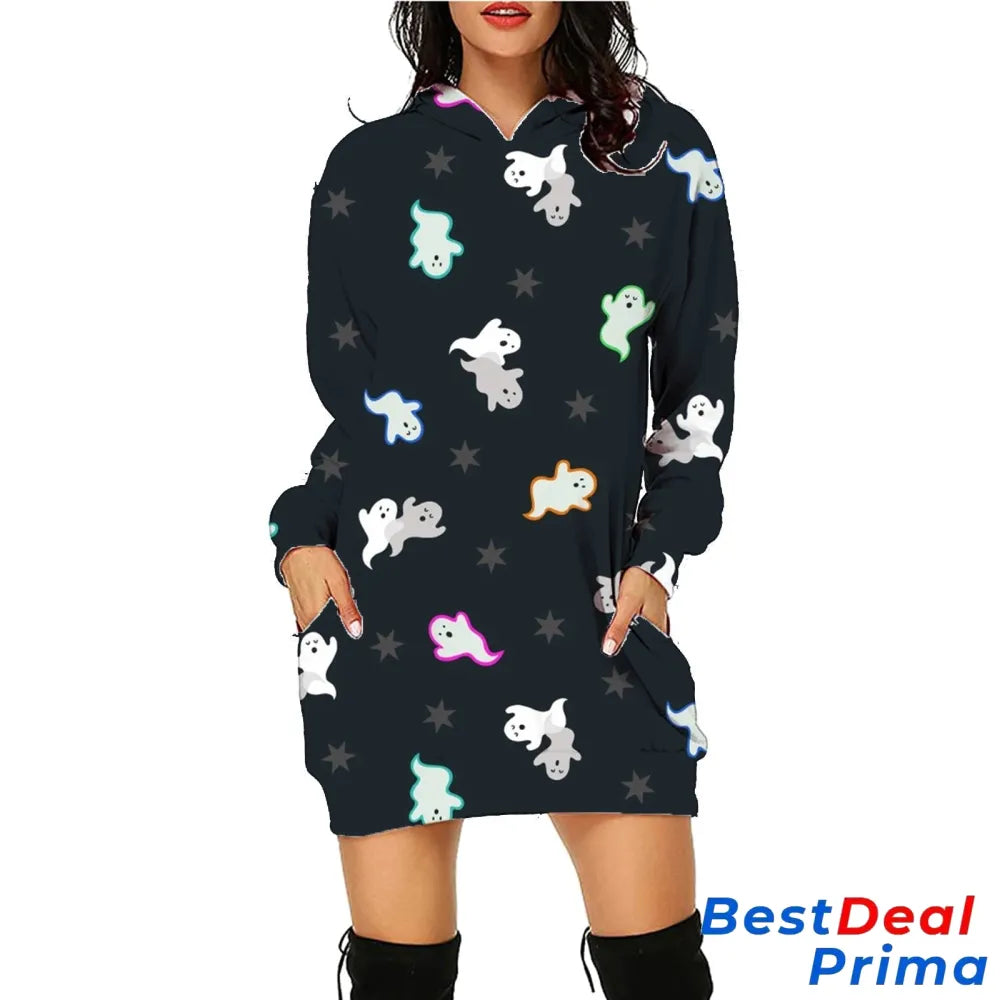 Halloween Print Long Hoodie With Pockets Sweater Sleeve Clothes Women Sc16 / S