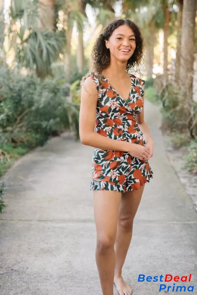 Last Day 49% Off – Built In Bra And Leggings Swim Romper Orange Blossoms / Xs