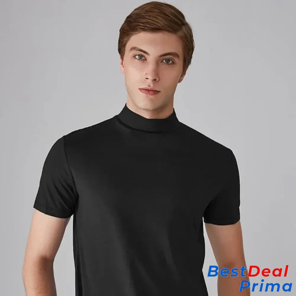 Men ’S High Neck Slim Fit T-Shirt - Hot Sale 50% Off Black / S