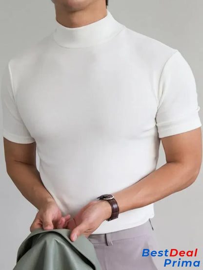 Men ’S High Neck Slim Fit T-Shirt - Hot Sale 50% Off White / S